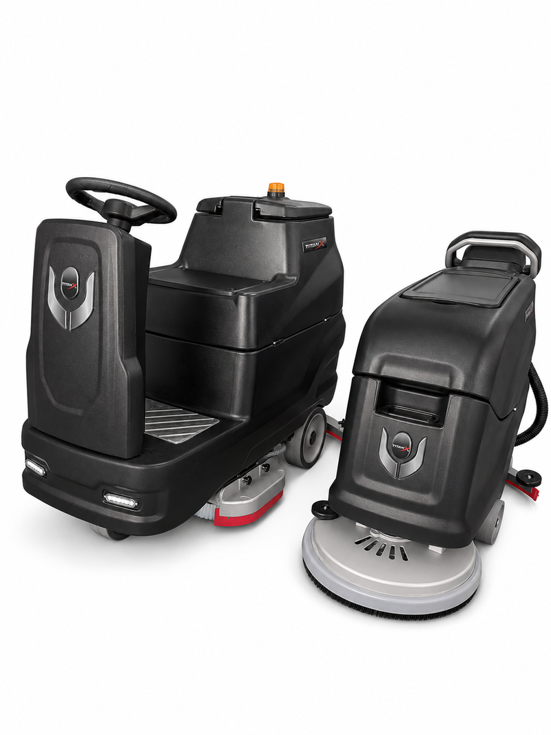 TitanX Power Clean Pro Bundle HELIOS 20" Self Propelled Walk Behind + EOS 26" Ride-On Commercial Floor Scrubbers Includes 3-Year Warranty & U.S. Support